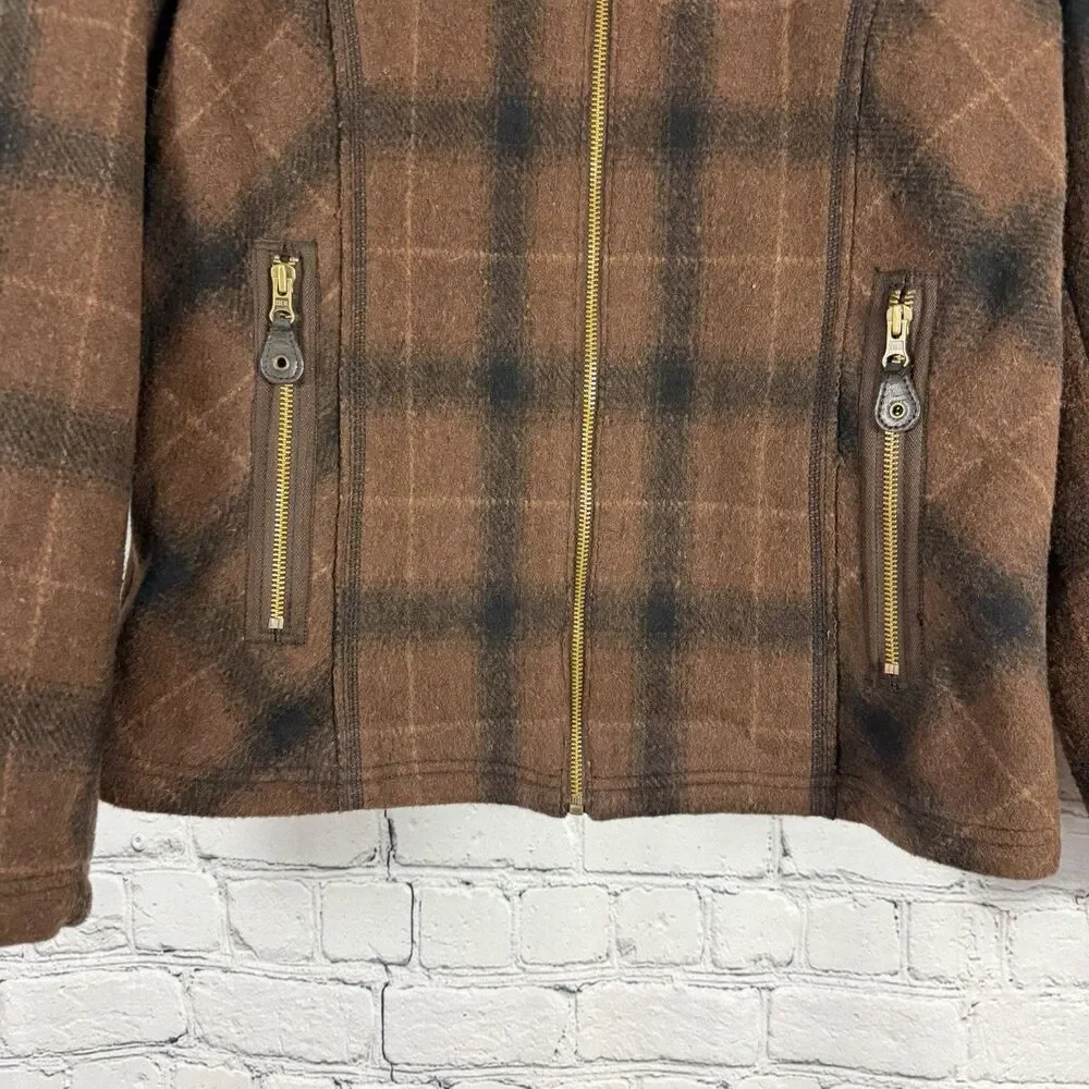 Ruff Hewn Full Zip Jacket Wool Blend Elbow Patch Womens L Brown Plaid Zip Pocket - Picture 6 of 13